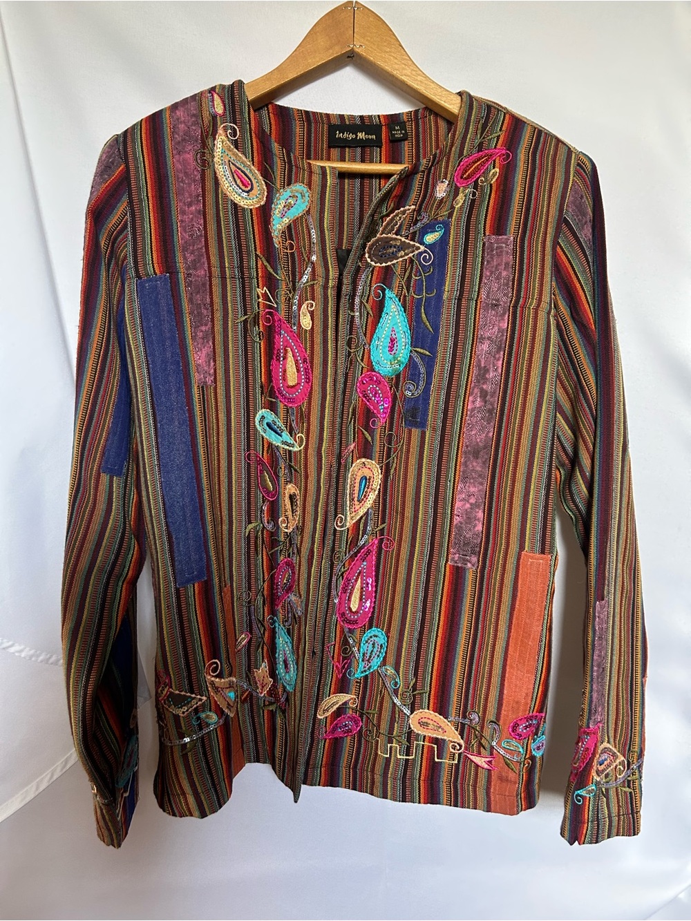 Indigo Multicolor Striped Embroidered Button-Down Top